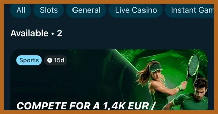 Aktionsfilter All, Slots, General, Live Casino, Anzeige Available 2 und oberer Teil des Sportbanners