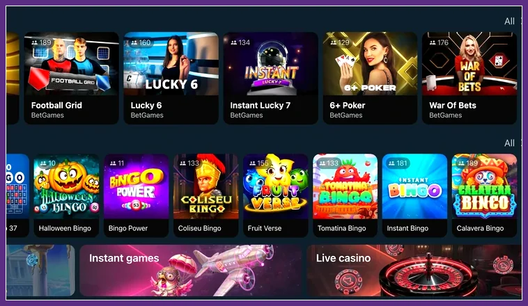 Lobby-Ansicht für App-Nutzer: Live-Spiele, Bingo und Kategorien Lobbyausschnitt mit Football Grid, Lucky 6, 6+ Poker, Bingo Power und Kachel Live casino