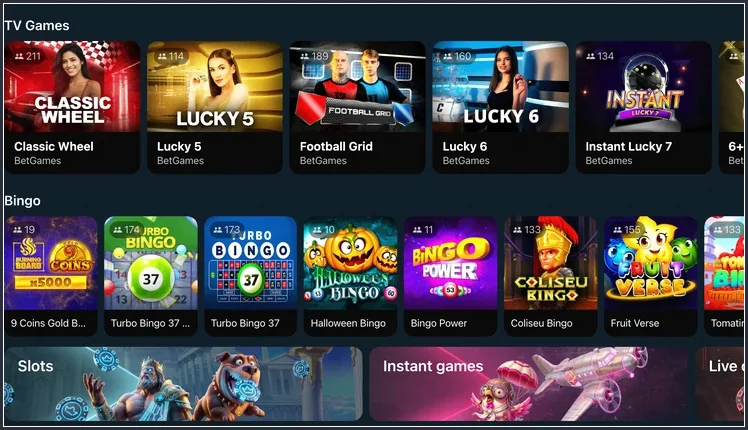 Spielekategorien als Ergänzung zum Bonusangebot der Seite Lobby mit TV Games von BetGames, Bingo-Reihe und angeschnittenen Kacheln Slots und Instant games