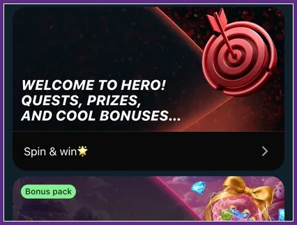 Banner Welcome to Hero mit roter Zielscheibe, Schaltfläche Spin & win, Beginn des Bonus-pack-Banners