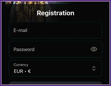 Kontoanlage vor der ersten Einzahlung: Formularfelder und Währung Oberer Teil des Registrierungsformulars mit Feldern E-mail, Password und Auswahl Currency EUR