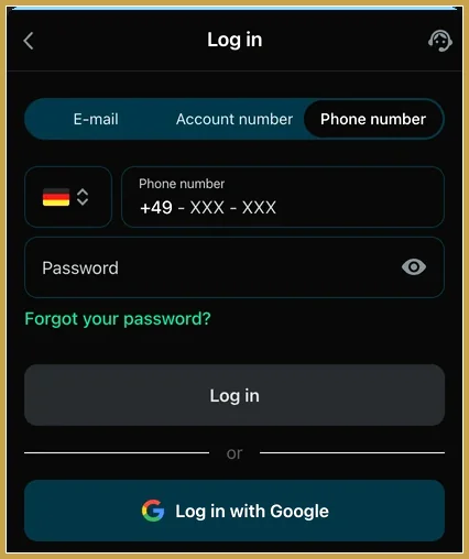 Einloggen per Telefonnummer: Anmeldemaske des Spielerkontos Login-Maske mit Reiter Phone number, +49, Passwortfeld, Passwort-Link und Log in with Google
