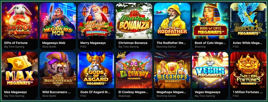 Zwei Reihen Megaways-Slots mit Anbieternamen, darunter Christmas Bonanza, Max Megaways und Gods Of Asgard