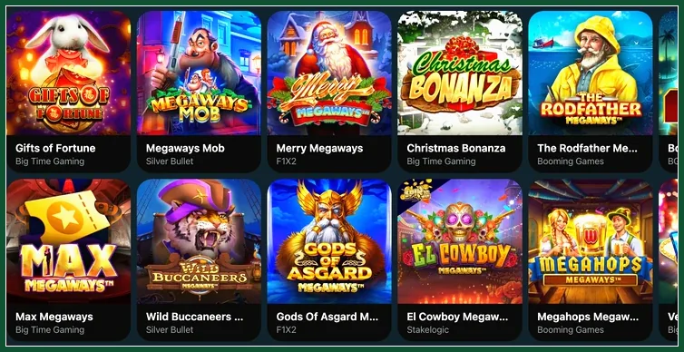Megaways-Titel verschiedener Entwickler im Spielekatalog Megaways-Slots von Big Time Gaming, Silver Bullet, Booming Games, darunter Megaways Mob