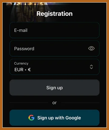 Konto eröffnen: Anmeldeformular mit E-Mail, Passwort und Währung Registrierungsformular mit E-mail, Password, Währung EUR, Sign up und Sign up with Google