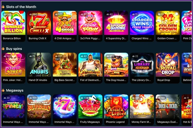 Slot-Auswahl der Spielothek nach Themenreihen Drei Slot-Reihen mit Pink Joker, Hand Of Anubis, Royal Drop und Fruity Megaways