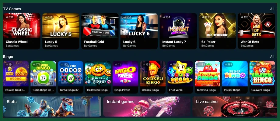 TV-Games mit Classic Wheel und Lucky 5, Bingo-Reihe, Kacheln Slots, Instant games, Live casino