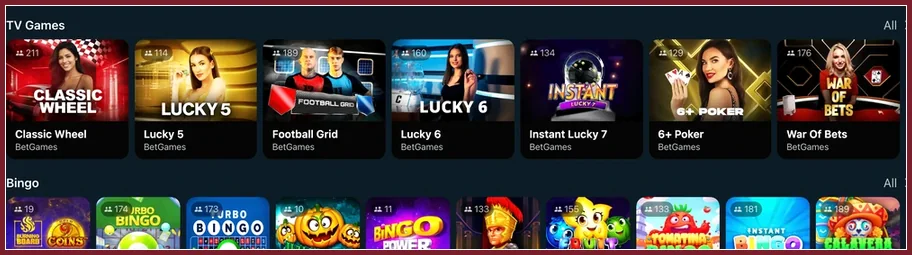 Live-Spiele mit Dealern als Bereich der Lobby TV-Games-Reihe mit Classic Wheel, Lucky 5, 6+ Poker, War Of Bets, Bingo angeschnitten