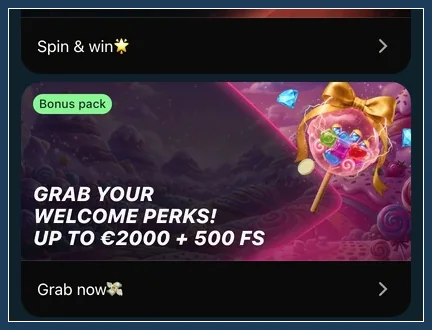 Willkommensvorteile für neue Spieler im Aktionsbanner Bonus-pack-Banner mit Lutscher-Motiv und Button Grab now