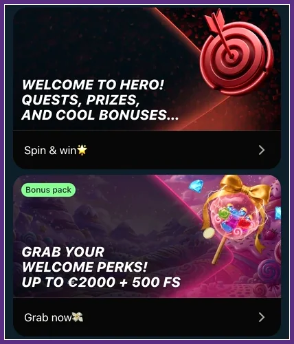 Aktionsbanner für Neukunden im Bonusbereich der Plattform Banner Welcome to Hero mit Zielscheibe und Banner Bonus pack