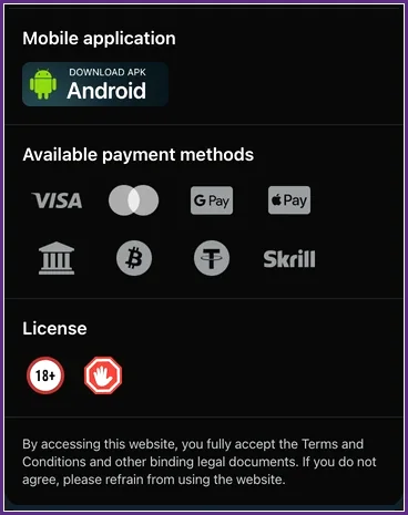 Zahlungsarten und App-Download im Fußbereich der Webseite Android-APK-Download und Zahlungs-Icons Visa, Mastercard, Google Pay, Apple Pay, Bitcoin, Tether und Skrill
